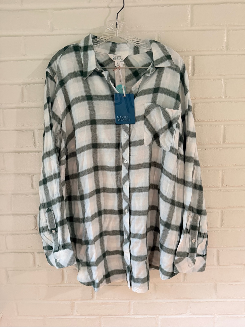 Market & Spruce White and Green Plaid Button-Down Shirt Size 2X NWT